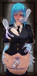 1girls absurdres black_jacket blue_eyes blue_hair breasts buttons cosita_art deep_skin disembodied_hand erection female female_pubic_hair finger_in_another's_mouth grabbing_another's_breast grabbing_from_behind groping highres jacket jujutsu_kaisen kasumi_miwa long_hair long_sleeves looking_at_viewer miwa_kasumi mouth_pull necktie panties penis pubic_hair pussy saliva shirt solo_focus straight thigh_grab thigh_sex tongue uncensored underwear white_shirt