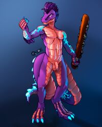 2_tails 4_eyes abstract_background animal_humanoid armed average_balls average_penis balls cel_shading claws digitigrade drqube feathers foreskin genitals glowing glowing_body glowing_markings glowing_scales hair hi_res humanoid macuahuitl male markings melee_weapon multi_eye multi_tail orange_body orange_scales penis purple_body purple_eyes purple_hair raised_arm reptile reptile_humanoid scales scalie scalie_humanoid shaded standing tail ventral_scales weapon