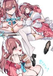 apron black_shoes blue_bow blue_bowtie blue_eyes blush bow bowtie breasts brown_hair center_opening cleavage cleavage_cutout clothing_cutout collared_dress commentary_request condom crossed_legs cum cum_on_body cum_on_breasts cum_overflow cum_string cumdrip dress excited female frilled_dress frilled_wrist_cuffs frills hair_ribbon hands_on_penis heart heart_hands highres large_breasts long_hair looking_at_viewer looking_to_the_side maid maid_apron maid_headdress masturbation multicolored_nails multiple_views nail_polish nakamura_rohane nijisanji open_mouth penis platform_shoes red_dress ribbon shoes short_sleeves smile solo suzuhara_lulu sweatdrop thick_thighs thighhighs thighs unworn_shoes virtual_youtuber white_background white_dress white_thighhighs wrist_cuffs