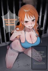 1girls ai_generated angry ass big_ass big_breasts blush breasts english_text female female_only imminent_rape imminent_sex looking_at_viewer nami_(one_piece) one_piece orange_hair prison rabbithunter restrained tank_top text thick_thighs tied_up