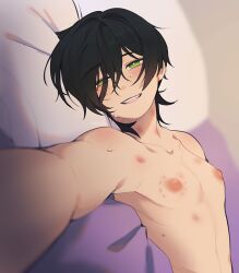 1boy bite_mark bite_mark_on_nipple bite_marks black_hair femboy kodoggy male male_focus male_only nipples original original_character pale pale-skinned_femboy pale-skinned_male pale_skin topless