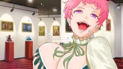 big_breasts ensemble_stars! fondling_breast male male_only male_with_breasts meme meme_face meme_pose meme_reference museum pink_hair purple_eyes shu_itsuki sweat sweatdrop sweating sweaty