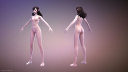 3d 3d_model ass barefoot breasts brown_hair d.va ellowas facial_mark feet headphones long_hair model_sheet navel nude overwatch pussy standing