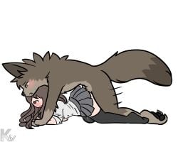 2022 2d absurd_res all_fours ambiguous_penetration anthro anthro_dominating_human anthro_penetrating anthro_penetrating_human artist_logo black_clothing black_legwear black_stockings blush bodily_fluids bottomwear brown_body brown_eyes brown_fur brown_hair canid canine canine_on_human canis clothed clothed_female clothed_human clothing colored doggy_style duo female female_penetrated from_behind_position fur furry_male furry_on_human grey_bottomwear grey_clothing grey_skirt hair hi_res human human_female human_on_anthro human_on_furry human_penetrated interspecies kangwolf larger_anthro larger_male legwear logo long_hair loving_it male male/female male_anthro/female_human male_penetrating male_penetrating_female mammal motion_lines nude_anthro nude_male obscured_penetration penetration sex shirt simple_background size_difference skirt smaller_female smaller_human stockings sweat sweatdrop topwear watermark white_background white_clothing white_shirt white_topwear wolf yellow_eyes