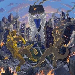 1:1 abs anthro arm_tattoo avian balls beak bird brown_body brown_fur building building_destruction carpo city city_background city_crushing city_destruction cityscape claws destruction detailed_background dragon erection feathered_wings feathers feet fingers fire fur genitals group gryphon hi_res humanoid_genitalia humanoid_penis kain3 landscape_dwarfing macro macro_anthro macro_male male muscular muscular_anthro muscular_male mythological_avian mythological_creature mythological_scalie mythology nude outside owl paws pecs penile penis rampage scalie sky smile sova stomping tail tattoo tephros toes trio white_body wings