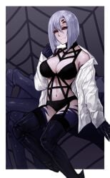 1girls arachne arthropod_girl big_breasts black_bra black_panties bra dress_shirt extra_eyes hair_between_eyes lingerie looking_at_viewer monster_girl monster_musume_no_iru_nichijou navel open_clothes open_shirt purple_hair rachnera_arachnera red_eyes spider_girl zakirsiz