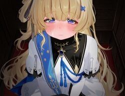 1boy after_fellatio blonde_hair blue_sash blush breasts closed_mouth commentary_request confessional cum cum_in_mouth cum_on_body facial female fingernails hairband highres indoors large_variant_set long_hair long_sleeves looking_at_viewer mako_(makoda) male_rover_(wuthering_waves) medium_breasts no_headwear nose_blush paid_reward_available partial_commentary phoebe_(wuthering_waves) pov purple_eyes rover_(wuthering_waves) sash shirt skirt solo_focus tears variant_set very_long_hair white_hairband white_shirt white_skirt wuthering_waves