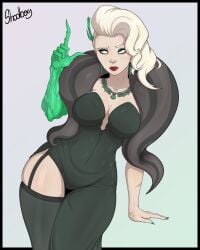 1girls areolae big_breasts breasts breasts_out cleavage cleavage_overflow cleavage_window curly_hair curvaceous curvy curvy_figure deadlock dress earrings female female_only fishnets green_dress green_eyes hi_res huge_breasts lady_geist lipstick long_hair milf necklace overflow overflowing_breasts pointing red_lipstick see-through see-through_clothing shadboy solo stockings thick_thighs thighs variant variant_set white_hair