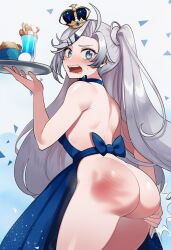 1girls ai_generated apron apron_only blue_eyes bowtie crown curvy female garter_straps humiliated humiliation indie_virtual_youtuber indoors looking_at_viewer medium_breasts naticai nipples obake_pam playasia ponytail pubic_hair public_nudity solo spank_marks thick_thighs virtual_youtuber waitress white_hair