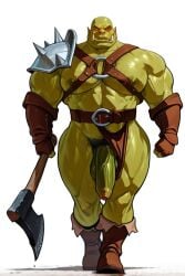 1boy ai_generated armor bara big_penis body_hair dizdoodz_(style) flaccid flaccid_penis foreskin green_skin male_focus male_only nomisai orc orc_male pubic_hair walking