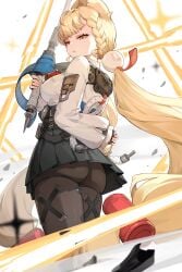 1girls absurdres alice_thymefield arm_behind_back ass black_pantyhose black_skirt blonde_hair braid breasts commentary_request disdain eyelashes female female_only film_grain floating_hair from_below goomrrat hair_ornament highres holding holding_sword holding_weapon long_hair looking_at_viewer looking_back looking_down medium_breasts miniskirt pantyhose parted_lips pleated_skirt rapier rope shirt side_braid skirt solo sphere_hair_ornament standing sword upskirt very_long_hair weapon white_shirt yellow_eyes zenless_zone_zero