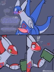 3:4 3_panel_comic ambiguous_gender animal_genitalia blush bodily_fluids book brother_(lore) brother_and_sister_(lore) comic delphoxiscool emenata english_description english_text eon_duo exclamation_point feral feral_only generation_3_pokemon genital_fluids genital_slit genitals gynomorph_(lore) hi_res latias latios legendary_duo legendary_pokemon male nintendo penis pent_up pokemon pokemon_(species) precum question_mark red_eyes sibling_(lore) sister_(lore) solo tapering_penis text thought_bubble yellow_eyes