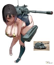 bent_over brown_hair gold_bikini hands_on_knees high_heels humanization humanized jean_shorts large_breasts multicolored_hair nisp_art one_stocking personification red_eyes reference_image short_hair simple_background sweat tank tank_barrel weapon white_background