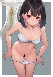 bar_censor black_hair blush border bow bow_bra bra breasts censored closed_mouth commentary_request cowboy_shot embarrassed female grey_background grey_eyes hair_intakes hair_ornament hairclip highres looking_at_viewer lumina414 medium_breasts medium_hair navel original outside_border panties panty_pull parted_bangs pee_stain pussy_juice pussy_juice_trail solo stained_panties stomach underwear underwear_only white_border white_bra white_panties