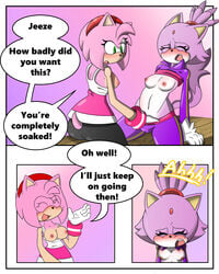 2girls amy_rose anthro blaze_the_cat blush breasts comic dialogue duo english_text feline female female_only fur furry green_eyes hand_in_pants hedgehog mammal mario_and_sonic_at_the_olympic_games navel nipples part_of_a_set pink_fur pink_hair purple_fur raised_shirt sandunky sega sex shirt sonic_(series) sonic_the_hedgehog_(series) sports_uniform sportswear tagme tank_top text yellow_eyes yuri