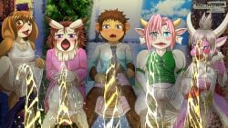 16:9 anthro anus asian_clothing avian beak bird bodily_fluids bottomwear bottomwear_down brown_body brown_fur brown_hair canid canine canis clothed clothing clothing_aside domestic_dog dragon dress east_asian_clothing feathers female fid fur genital_fluids genitals grey_body grey_feathers grey_hair group hair haplorhine hi_res horn japanese_clothing looking_pleasured mammal miko_outfit monkey mosaic_background mythological_creature mythological_scalie mythology open_mouth panties panties_aside panties_down pants pants_down partially_clothed peeing perspective pink_body pink_hair primate raised_bottomwear raised_clothing raised_leg raised_skirt scales scalie school_uniform skirt sleeveless_shirt underwear underwear_aside underwear_down uniform urine urine_stream vulva watersports white_body white_scales widescreen