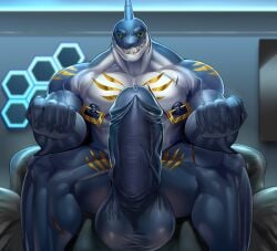 2025 alvintanubis anthro areola arm_markings balls barazoku big_balls big_penis black_sclera blue_areola blue_body blue_nipples blue_scales chair chest_markings chest_scar dylan_(alvintanubis) fin fin_scar fish furniture genitals golden_markings green_eyes grin head_fin hi_res huge_balls huge_cock inside leg_markings leg_scar male marine markings multicolored_body multicolored_scales nipple_piercing nipple_ring nipples nude on_chair penis piercing ring_piercing scales scar sft shark shoulder_markings shoulder_scar sitting sitting_on_chair smile solo thigh_markings two_tone_body two_tone_scales vein veiny_penis white_body white_scales