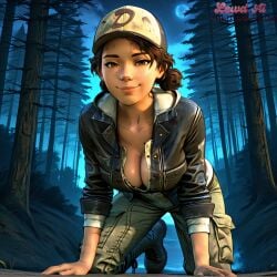1girls 2d ai ai_generated all_fours baseball_cap bending_over bent_over big_breasts boots breasts brown_eyes brown_hair cleavage clementine_(the_walking_dead) clothed clothing curvy dark-skinned_female dark_skin female female_focus female_only footwear forest hat headwear large_breasts lewd_ai light-skinned_female light_skin lips looking_at_viewer medium_breasts medium_hair on_hands_and_knees outdoors outside smile smiling smiling_at_viewer the_walking_dead the_walking_dead_game thick_thighs thighs