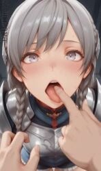 2d_animation ai_generated ai_generated_video blush braids closeup fingers_in_mouth from_above grey_hair looking_at_viewer male_pov mouth_fetish mouth_focus mouthplay pov ravness_loxaerion tactics_ogre tagme tongue video