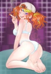 ass ass_focus cap cigarette fat_ass feet feet_fetish ginger identity_v lily_barriere on_knees pigtail seductive seductive_look seductive_smile smoking smug smug_face toukahemo twin_pigtails twintails underwear