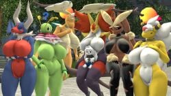 3d 3d_(artwork) 6girls ampharos anthro anthropomorphic baek-myo big_breasts breasts closed_eyes delphox denryu_(pokemon) dnrud12 dragonite female hellgar houndoom kairyu lopunny mahoxy mega_ampharos mega_delphox mega_denryu mega_dragonite mega_evolution mega_hellgar mega_houndoom mega_kairyu mega_lopunny mega_mahoxy mega_meganium mega_mimilop meganium mimilop naked naked_female nsfw nude nude_female pokegal pokegirl pokegirl_as_pokemon pokegirls pokemon pokemon_(species) pokemon_za pokemorph question_mark sexy sfm shiny_pokemon source_filmmaker