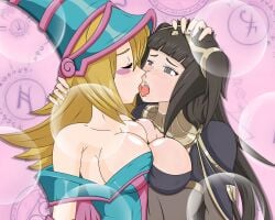 big_breasts black_hair blonde_hair blush breasts dark_magician_girl dlobo777 empty_eyes femsub fire_emblem fire_emblem_awakening grey_eyes hat huge_breasts kissing large_breasts long_hair nintendo sub_on_sub tharja tharja_(fire_emblem) yu-gi-oh! yuri
