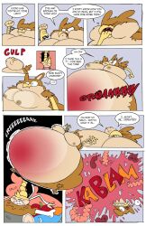 2014 agouti-rex avian beak belly big_belly big_breasts blood bodily_fluids breasts comic duo explosion female gore gryphon hi_res huge_belly human mammal morbidly_obese mythological_avian mythological_creature mythology obese oral_vore overweight speech_bubble text vore