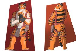 abs anomaly_collapse anthro ass assassinfenrir bulge clothing colored constanc_(anomaly_collapse) detailed_bulge felid fingerless_gloves fur gloves gun handwear hi_res holster jockstrap looking_at_viewer looking_back male male_only mammal muscular muscular_anthro muscular_male orange_body orange_fur pantherine ranged_weapon shaded signature simple_background solo stripes tail tan_body tan_fur tiger underwear weapon