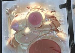 absurd_res anthro bathroom big_breasts big_nipples breast_squish breasts fat_arms fat_belly felid female genitals hi_res huge_hips lemargia mammal nipples overweight overweight_anthro overweight_female pantherine plump_labia ruby_panda_(artist) shower shower_room squish thick_thighs tiger vulva wide_hips