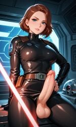 ai_generated anakin_skywalker big_penis blue_eyes brown_hair futanari genderswap_(mtf) lightsaber red_lightsaber star_wars