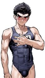 -up 1boy abs balls_bulge bara beach bed biceps black_hair blush bottomwear bulge chibitake140 danganronpa danganronpa_s:_ultimate_summer_camp kiyotaka_ishimaru male male_focus male_only muscular muscular_male nervous penis_bulge speedo sweat swimsuit swimwear thick_eyebrows thick_thighs tight_clothing
