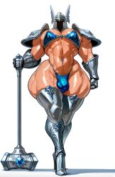 1boy ai_generated body_hair bottom_heavy bulge crossdressing dizdoodz_(style) girly helmet hidden_face high_heels human knight knight_helmet light_skin long_legs male_focus male_only navel_piercing nomisai paladin pubic_hair shoulder_armor skimpy_armor sweat sweaty_body thick_thighs thighhighs thong thong_bulge weapon wide_hips