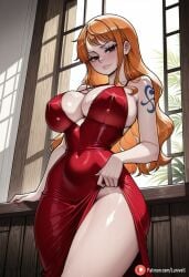 1girls ai_generated arm_tattoo cleavage curvaceous curvy curvy_body curvy_figure dress dress_lift female female_focus female_only from_below from_below_view higher_resolution_at_source higher_resolution_available inner_sideboob long_hair looking_at_viewer lunivelle nami_(one_piece) one_piece orange_hair patreon red_dress seducing seductive seductive_look seductive_pose seductive_smile self_upload small_waist solo solo_female solo_focus standing tattooed_arm teasing teasing_viewer tiny_waist wavy_hair