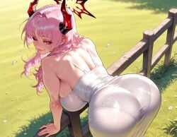 1girls ai_generated ass ass_focus back balecxi bangs bare_arms bare_shoulders bent_over blue_archive blush breasts closed_mouth clothing curvaceous curvaceous_female curvaceous_figure curvy curvy_figure day demon_horns dress female female_focus fence flower from_behind grass halo horns huge_ass huge_breasts inviting inviting_to_sex large_breasts lips long_hair looking_at_viewer looking_back one_eye_closed outdoors pantylines petals pink_eyes pink_hair presenting presenting_ass presenting_breasts presenting_hindquarters presenting_self red_eyes red_horns satsuki_(blue_archive) seductive seductive_look seductive_smile sideboob skin_tight sleeveless sleeveless_dress smile solo sundress taut_clothes taut_dress thighs tight_clothes tight_dress voluptuous voluptuous_female white_dress wooden_fence