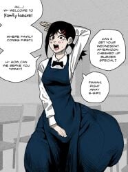 1girls big_ass black_hair brown_eyes chainsaw_man dialogue higashiyama_kobeni nervous_smile pose restaurant small_breasts thick_thighs worried yelftea