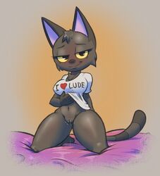 2016 5_fingers animal_crossing anthro bed bed_sheet bedding bedroom_eyes black_fur black_hair black_nose blush bottomless breasts chest_tuft clothed clothing clothing_lift dripping eyelashes felid feline felis female fur furry furry_only hair half-closed_eyes kiki_(animal_crossing) kneeling looking_at_viewer mammal navel nintendo presenting presenting_pussy pussy pussy_juice pussy_juice_string seductive shirt shirt_lift simple_background smile solo striped_tail stripes striptease tail teckworks text thick_thighs topwear tuft video_games wet wide_hips yellow_sclera