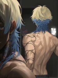 2boys alexis_ness back back_view bite bite_mark bite_marks bkblaise blonde_hair blue_hair blue_lock boys_love dyed_hair good_artwork kaiser_michael male_focus michael_kaiser mlm muscular muscular_male scratches sexy_male tattoo yaoi