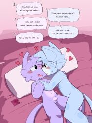 1boy 1girls bj_(artist) blush comic condom_wrapper dialogue domestic_cat duo heart hi_res mammal naked nude oc on_bed original_character pubic_hair pussy speech_bubble text