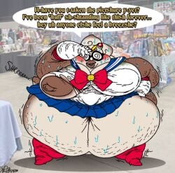 1girls @_@ anime anthro areolae ass belly big_belly blush blush_lines breasts brown_hair cellulite cleavage cosplay dinosaur dinosaur_girl dinosaur_humanoid english_text fat female female_focus female_only furry glasses high_heel_boots hips hyper hyper_ass large_ass large_belly large_breasts miniskirt morbidly_obese nerd nipples obese obese_female overweight overweight_female pose ripped_clothing sailor_moon_(cosplay) skirt slob stain stomach sweat sweating sweaty swirly_glasses text thick_thighs thighs tight_clothing triceratops wardrobe_malfunction weight_gain wide_hips xanderdwulfe