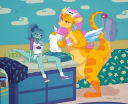 backpack blush changing_table dialogue diaper dragon embarrassed english_text hypnosis infantilism looking_down merfolk merunyaa pacifier pacifier_in_mouth pouch_(anatomy) wearing_diaper wet_diaper