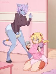 blonde_hair blue_skin diaper diaper_use draenei embarrassed holding_sweater judging looking_at_another merunyaa peeing pink_hair pink_sweater playroom wearing_diaper wet_diaper wetting_diaper
