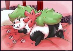 absurd_res bed blush clothed clothed_female clothed_feral clothing female feral furniture generation_4_pokemon green_eyes hi_res land_forme_shaymin legendary_pokemon legwear lingerie looking_at_viewer lying mythical_pokemon nintendo on_bed on_front pokemon pokemon_(species) screamoshaymin shaymin stockings