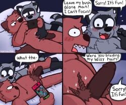 2024 anthro balls bed braided_hair braided_pubes casual_erection casual_nudity clothed clothing duo ear_piercing english_text erection furniture genitals hair hi_res lying male male/male mammal nintendo nintendo_switch nude nude_male ohmygoditguppy oliver_(ohmygoditguppy) on_back piercing procyonid pubes raccoon simple_background speech_bubble splatoon text underwear underwear_only william_(ohmygoditguppy)