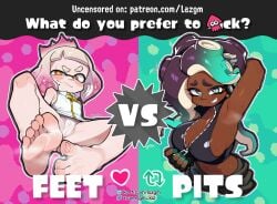 2girls armpits barefoot blush breasts colored_fingertips commentary covered_pussy crop_top crown dark-skinned_female dark_skin dress english_commentary feet female female_only fingerless_gloves foot_focus gloves gradient_hair green_eyes headphones highres inkling laz_gm long_hair looking_at_viewer marina_(splatoon) marina_ida midriff mole mole_under_mouth multicolored_hair multiple_girls nintendo octoling off_the_hook_(splatoon) panties pearl_(splatoon) pearl_houzuki short_hair smile splatoon splatoon_(series) splatoon_2 steam suction_cups tentacle_hair thick_eyebrows two-tone_hair underwear white_dress white_panties yellow_eyes
