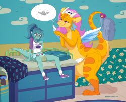 backpack blush changing_table dialogue diaper dragon embarrassed english_text infantilism looking_down merfolk merunyaa pacifier pouch_(anatomy) wearing_diaper wet_diaper