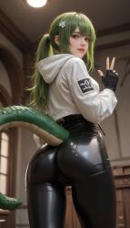 1girls ai ai_generated arknights arknights:_endfield ass bubble_butt butt_focus female female_only green_hair green_tail jacket lizard_girl lizard_tail looking_at_viewer looking_back ponytail realistic solo tail teasing teasing_viewer thick_thighs