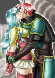 aozora_kyuuji arm_grab armor arms_behind_back belt belts blue_hair blush breastplate cape closed_eyes coat eirika_(fire_emblem) female fingerless_gloves fire_emblem fire_emblem:_the_sacred_stones gloves kissing long_coat male red_hair seth_(fire_emblem) shirt shoulder_armor skirt standing straight thigh_boots thighhighs