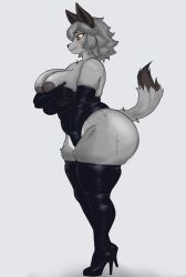 anthro ass big_breasts big_butt breasts canid canine clothing detailed digital_drawing_(artwork) digital_media_(artwork) embarrassed epic_games female female_anthro fortnite full-length_portrait hi_res huge_butt laplan_(artist) latex latex_clothing mammal mature_anthro mature_female monochrome portrait pose shy slightly_chubby solo standing thick_thighs venus_figure wolfie_(fortnite)
