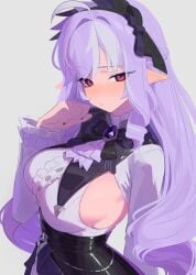 1girls absurdres anonds31 ascot black_background black_nail_polish black_nails black_pantyhose black_skirt breasts center_frills closed_mouth dress female female_only frills high-low_skirt highres large_breasts long_hair looking_at_viewer medium_breasts mole mole_under_eye pantyhose pointy_ears purple_ascot purple_hair shrug_(clothing) simple_background skirt sleeveless sleeveless_dress smile solo vampire vivian_banshee white_background white_dress wide_sleeves zenless_zone_zero