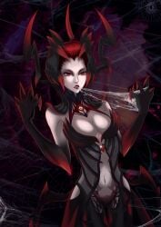 1girls absurd_res arthropod_girl breasts claws cleavage elise_kythera_zaavan gem helemt highres league_of_legends monster_girl navel photoshop_(medium) red_eyes red_hair silk solo spider_girl spider_web